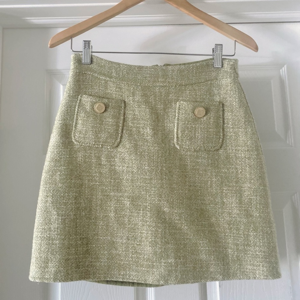 Sandro Textured Light Olive Mini Skirt with Buttoned Pockets